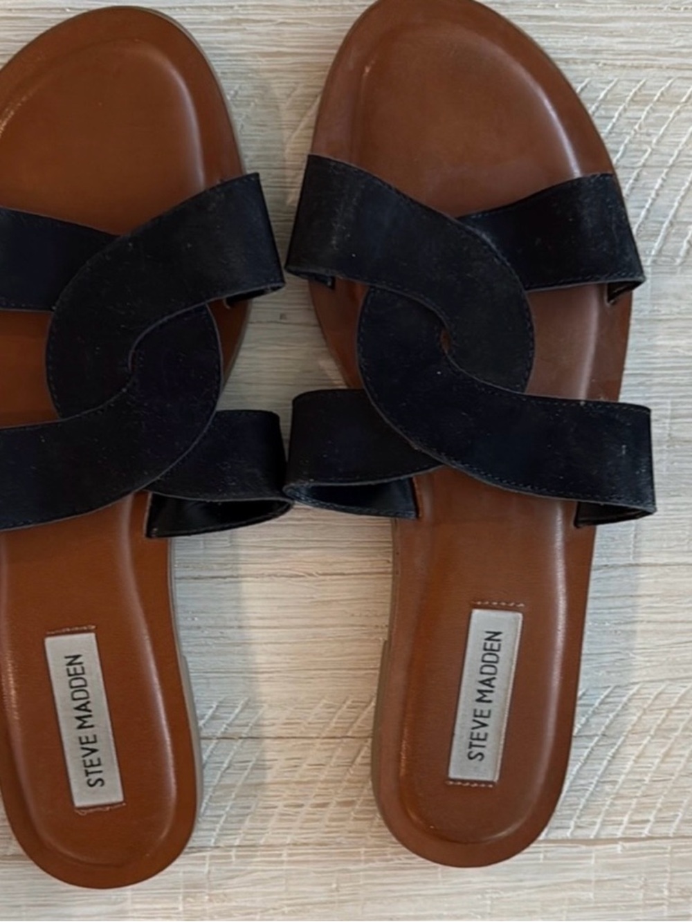Steve Madden Black and Brown Leather Slide Sandals